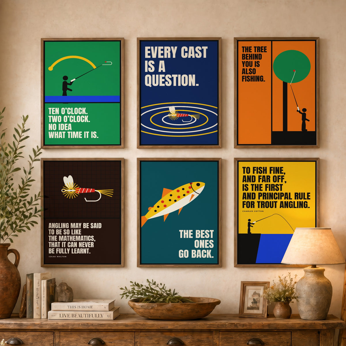 Set of Six Fly Fishing Quote Art Prints - 6 Bauhaus Angler Posters - Minimalist Outdoor Illustration - Trout, Fly, River