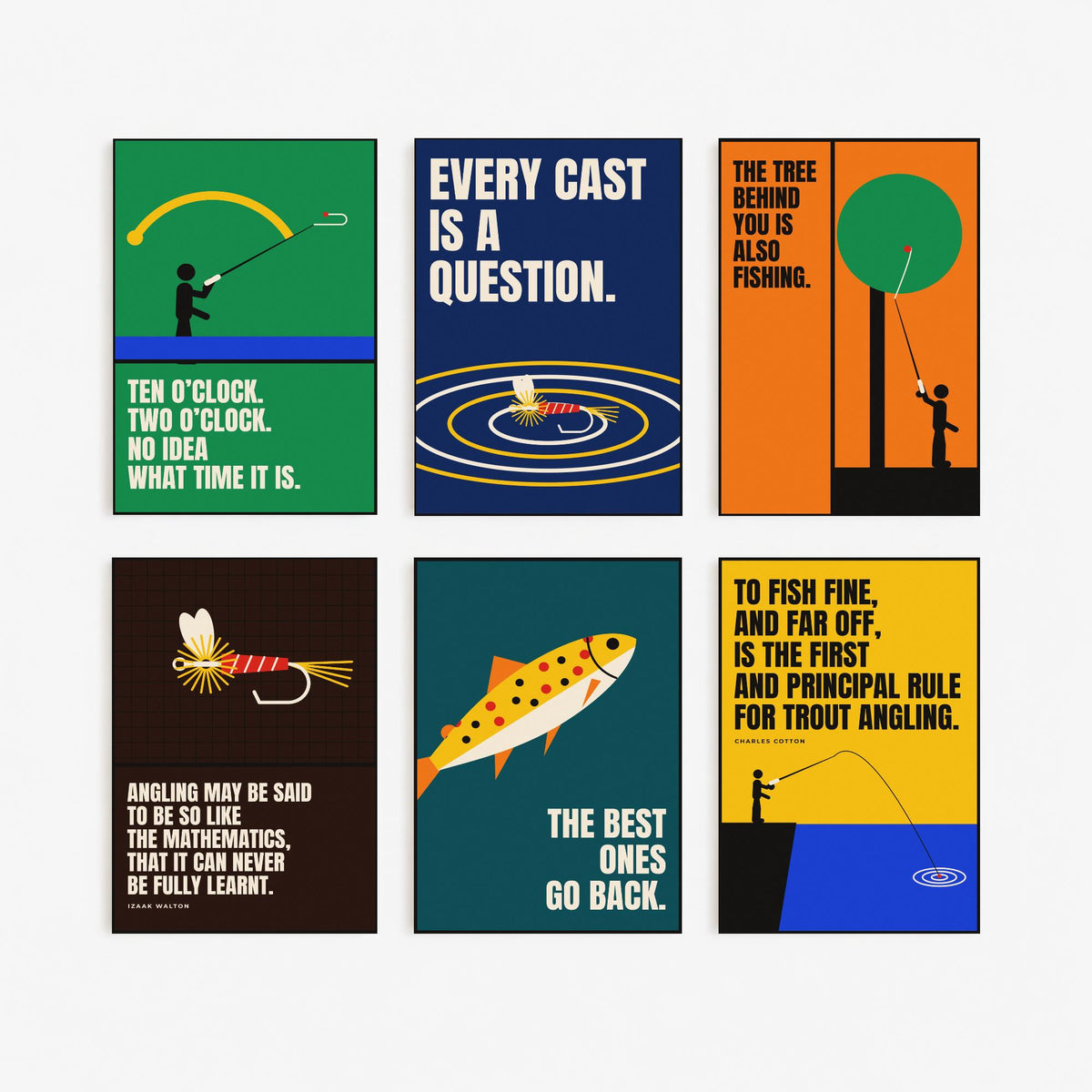 Set of Six Fly Fishing Quote Art Prints - 6 Bauhaus Angler Posters - Minimalist Outdoor Illustration - Trout, Fly, River