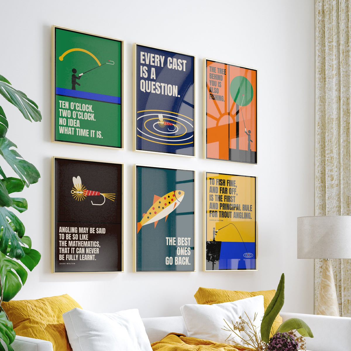 Set of Six Fly Fishing Quote Art Prints - 6 Bauhaus Angler Posters - Minimalist Outdoor Illustration - Trout, Fly, River