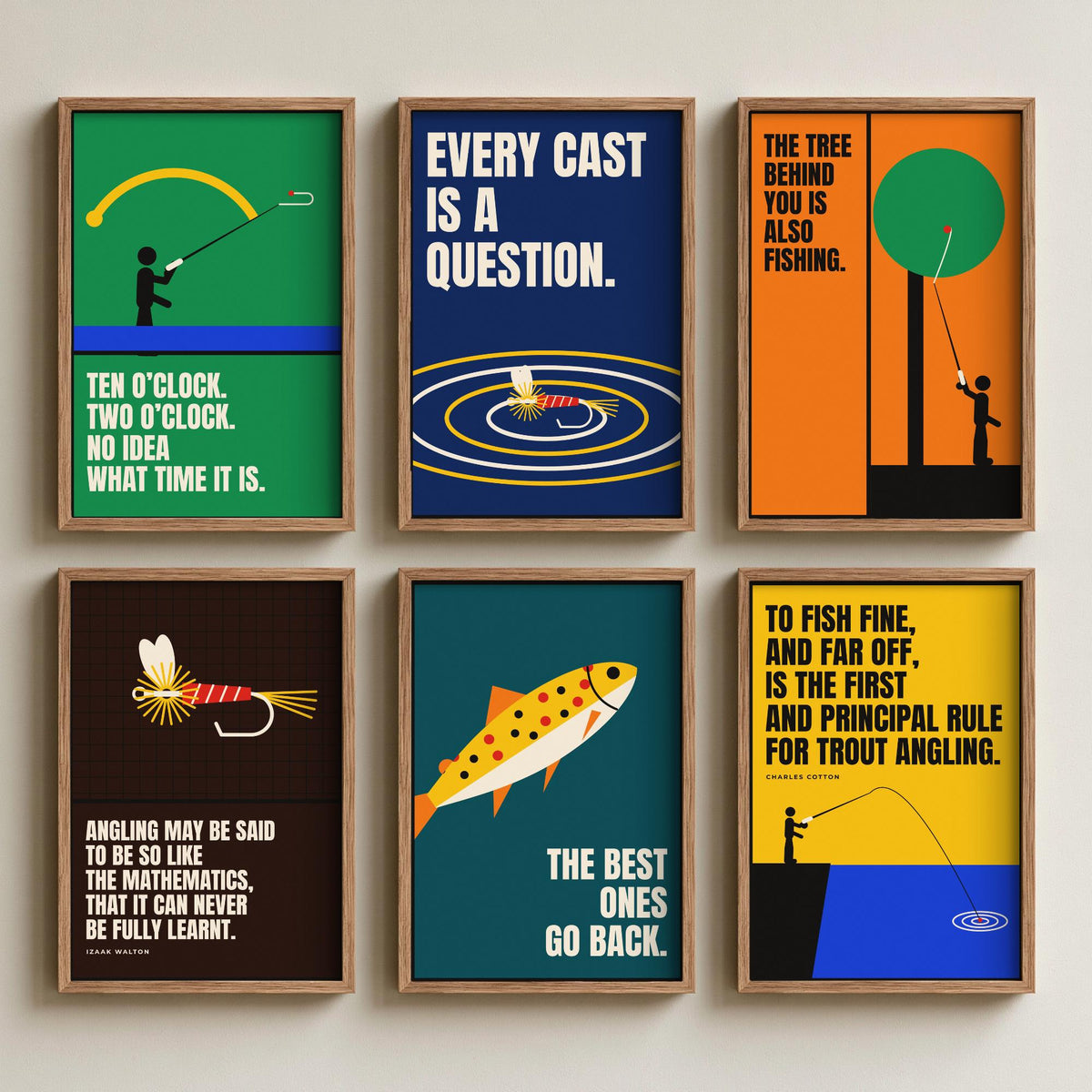 Set of Six Fly Fishing Quote Art Prints - 6 Bauhaus Angler Posters - Minimalist Outdoor Illustration - Trout, Fly, River