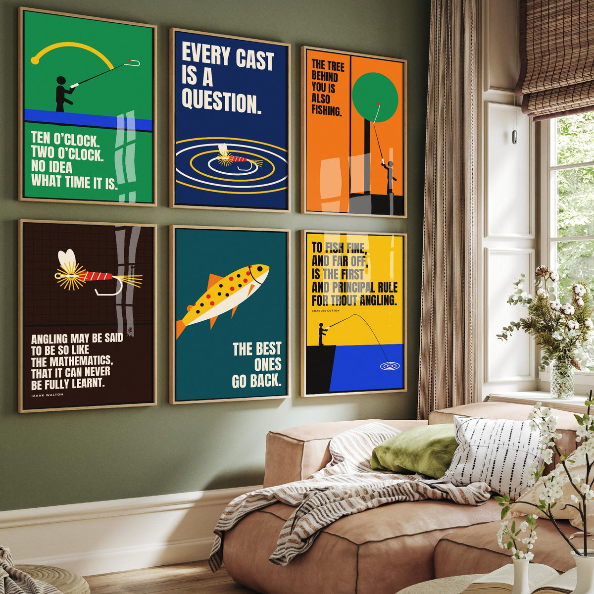 Set of Six Fly Fishing Quote Art Prints - 6 Bauhaus Angler Posters - Minimalist Outdoor Illustration - Trout, Fly, River