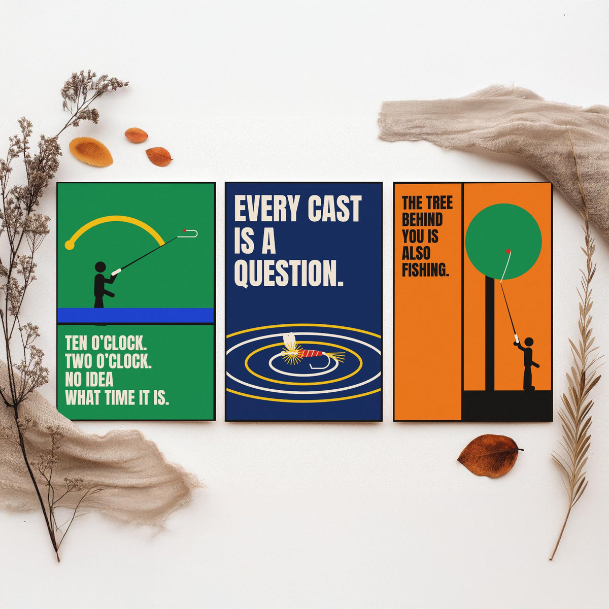 Fly Fishing Quotes Set of Three Art Prints - 3 Bauhaus Angler Posters - Minimalist Outdoor Wall Art Illustration V1