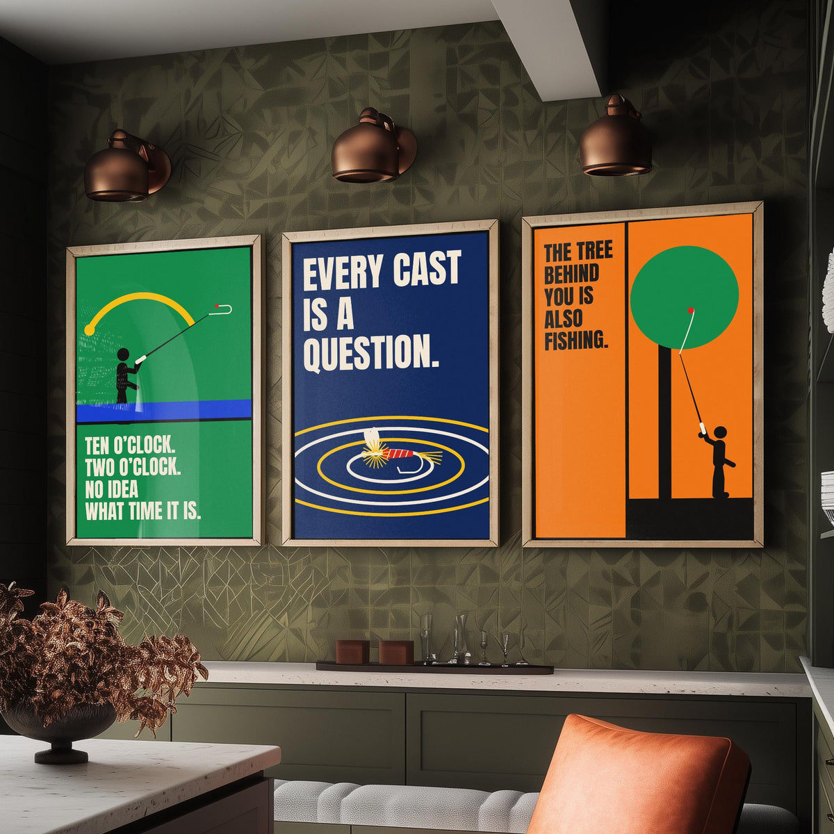Fly Fishing Quotes Set of Three Art Prints - 3 Bauhaus Angler Posters - Minimalist Outdoor Wall Art Illustration V1
