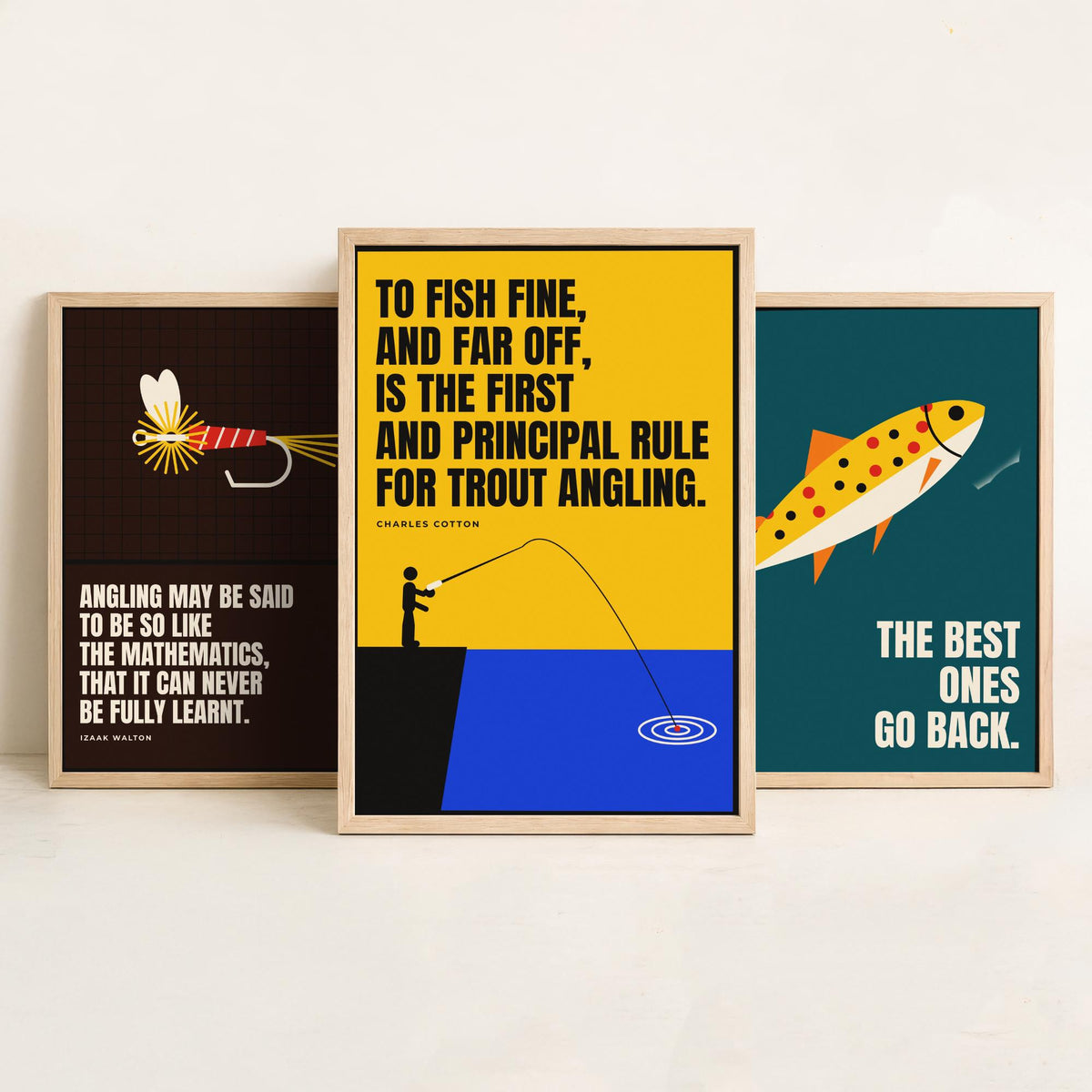 Fly Fishing Quotes Set of Three Art Prints - 3 Retro Bauhaus Angler Posters - Minimalist Outdoor Wall Art Illustration V2