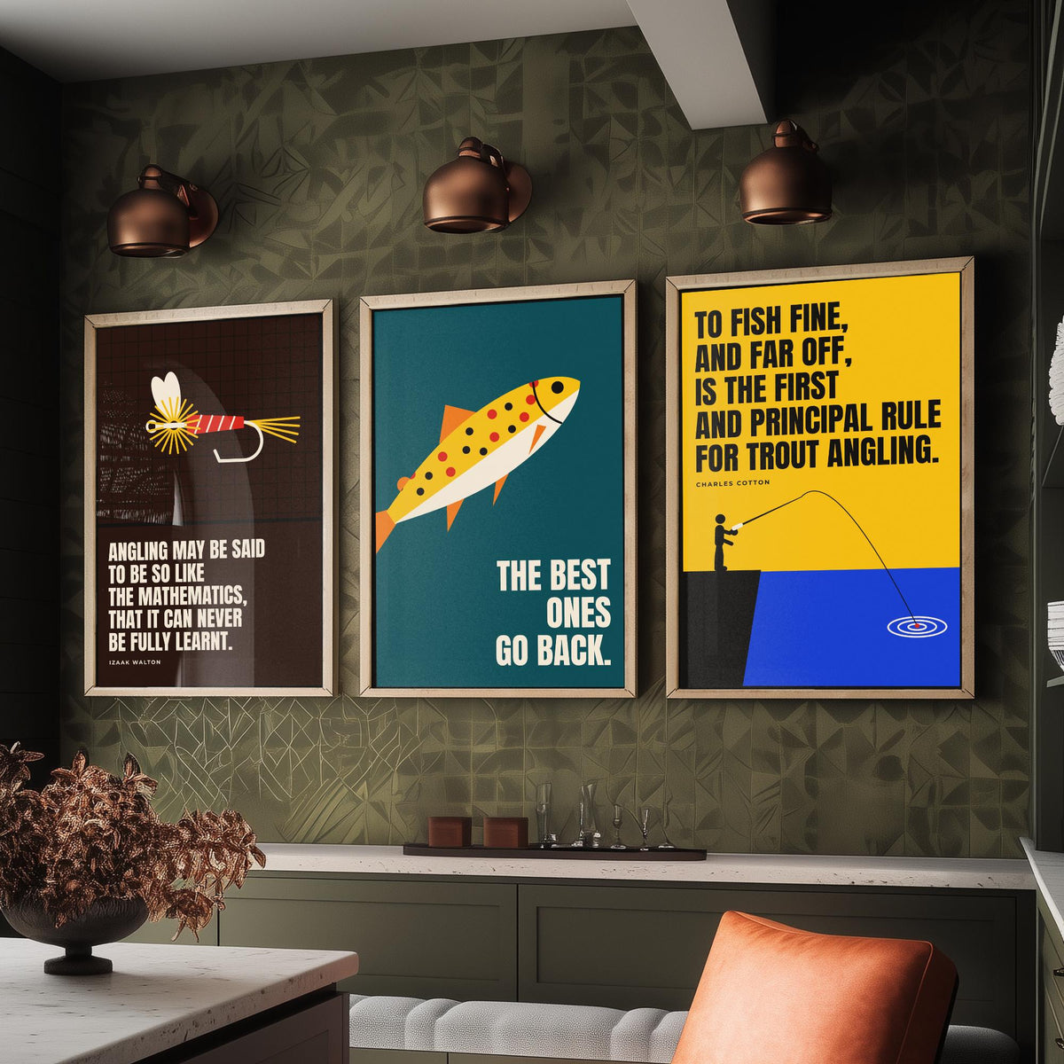 Fly Fishing Quotes Set of Three Art Prints - 3 Retro Bauhaus Angler Posters - Minimalist Outdoor Wall Art Illustration V2