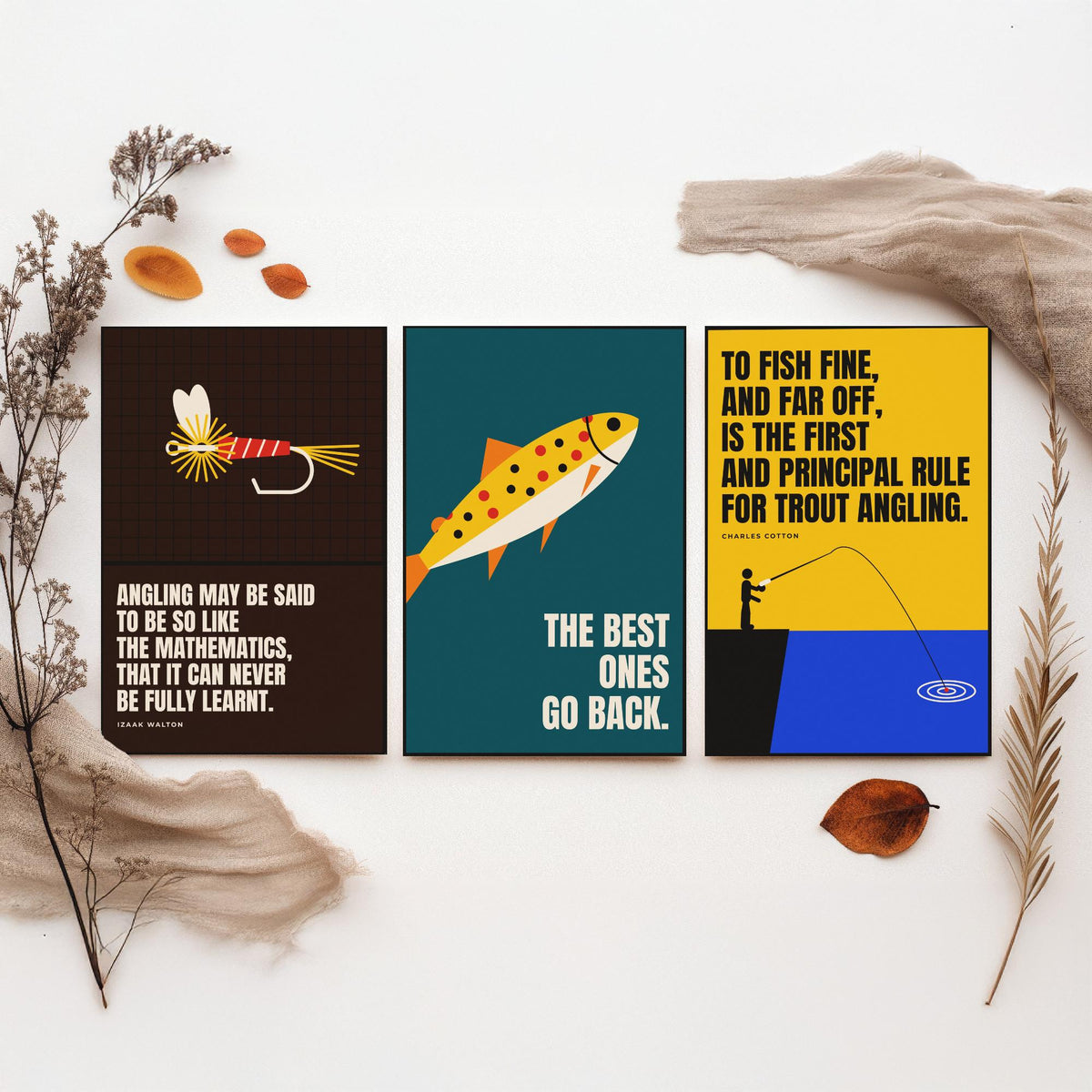Fly Fishing Quotes Set of Three Art Prints - 3 Retro Bauhaus Angler Posters - Minimalist Outdoor Wall Art Illustration V2
