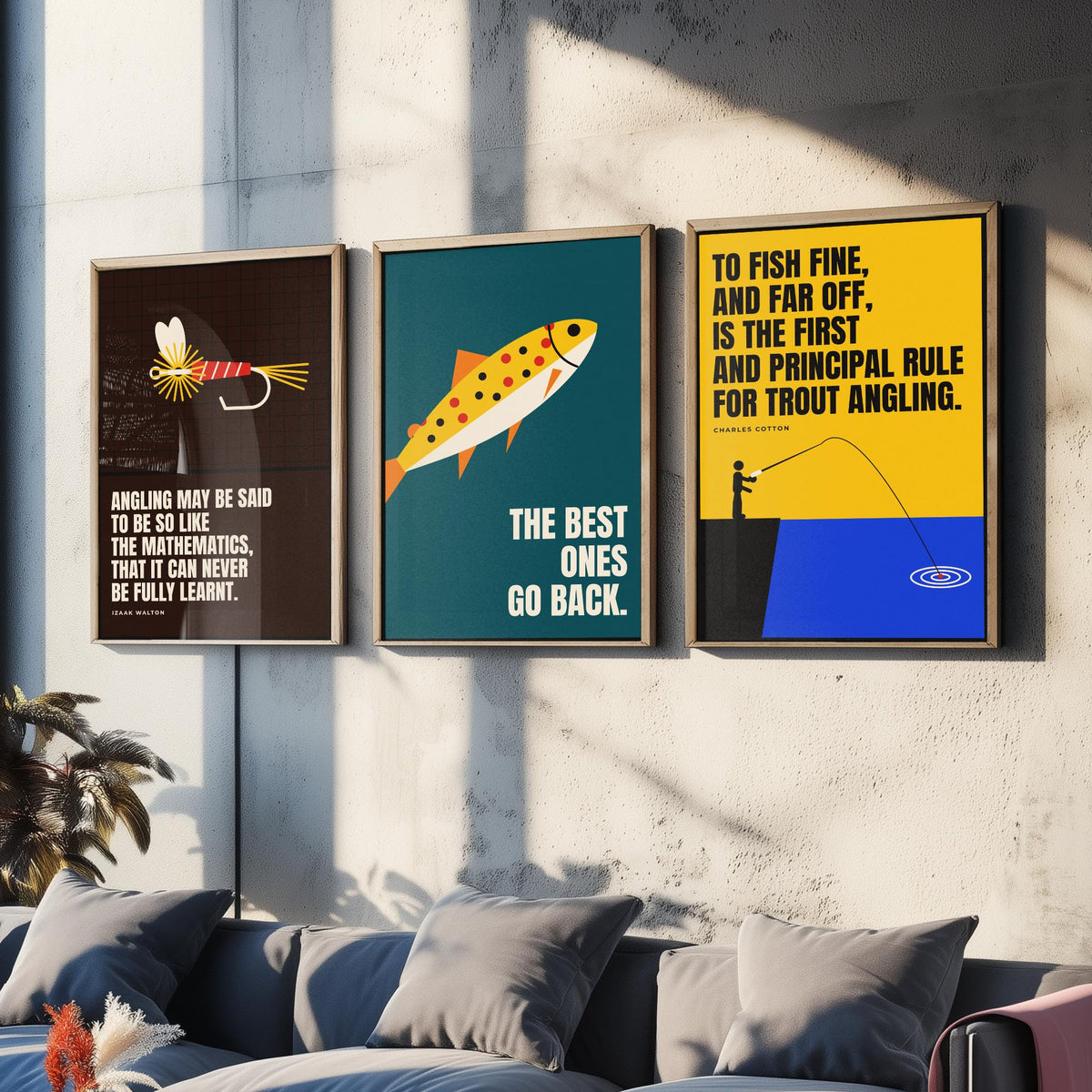 Fly Fishing Quotes Set of Three Art Prints - 3 Retro Bauhaus Angler Posters - Minimalist Outdoor Wall Art Illustration V2