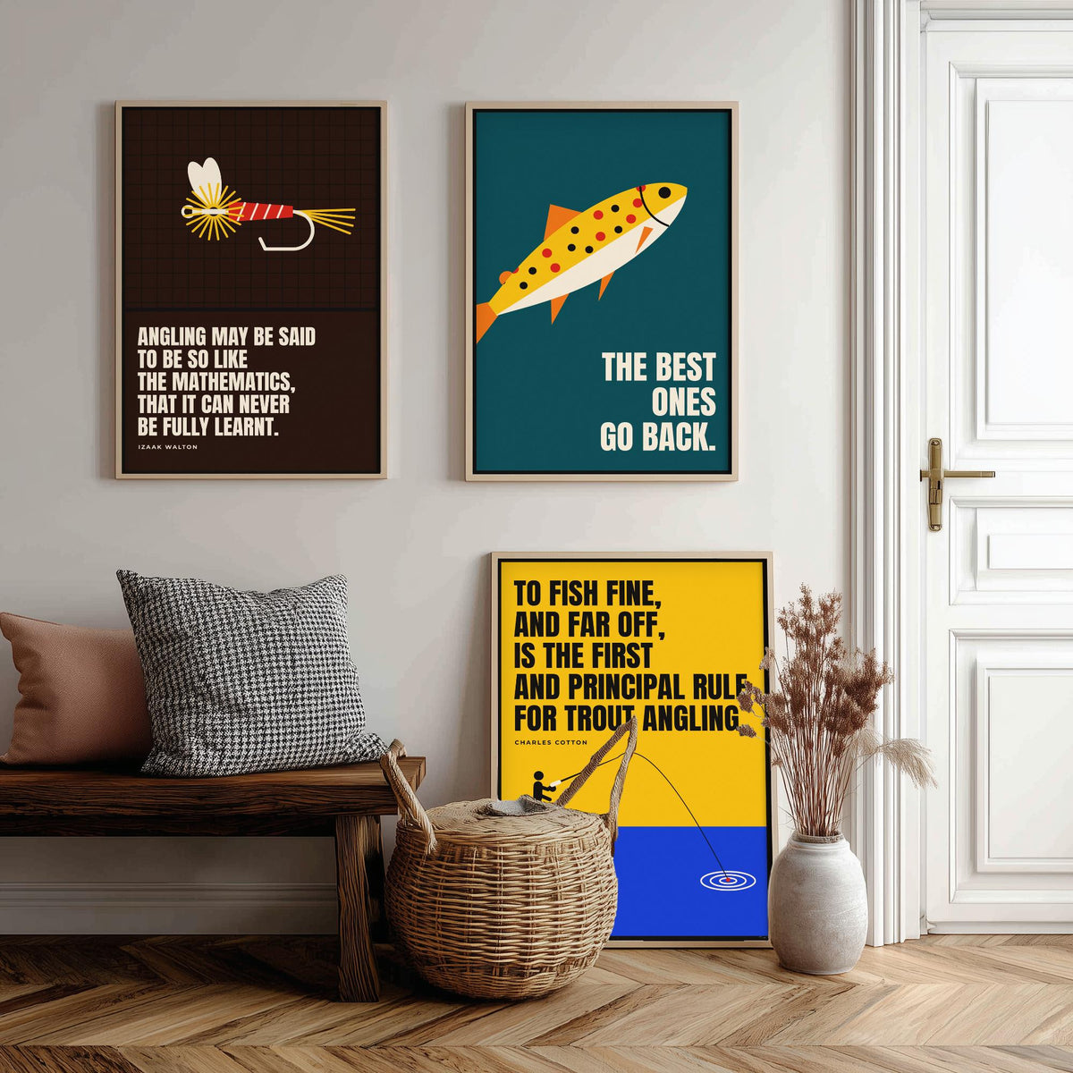 Fly Fishing Quotes Set of Three Art Prints - 3 Retro Bauhaus Angler Posters - Minimalist Outdoor Wall Art Illustration V2