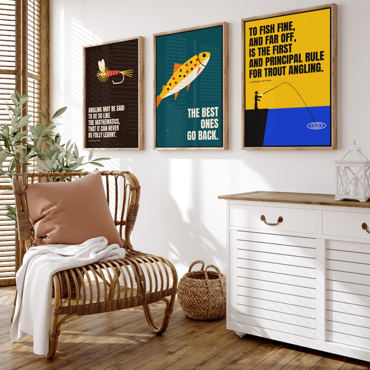 Fly Fishing Quotes Set of Three Art Prints - 3 Retro Bauhaus Angler Posters - Minimalist Outdoor Wall Art Illustration V2