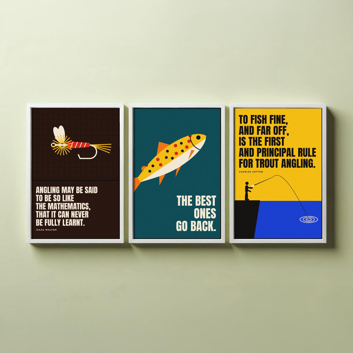 Fly Fishing Quotes Set of Three Art Prints - 3 Retro Bauhaus Angler Posters - Minimalist Outdoor Wall Art Illustration V2