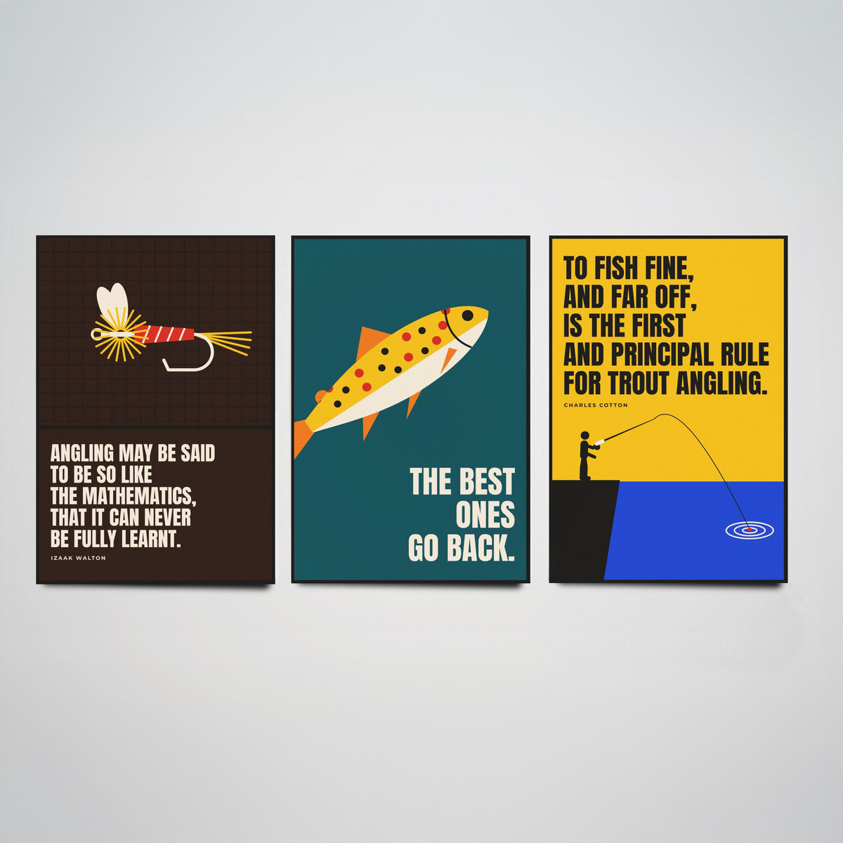 Fly Fishing Quotes Set of Three Art Prints - 3 Retro Bauhaus Angler Posters - Minimalist Outdoor Wall Art Illustration V2