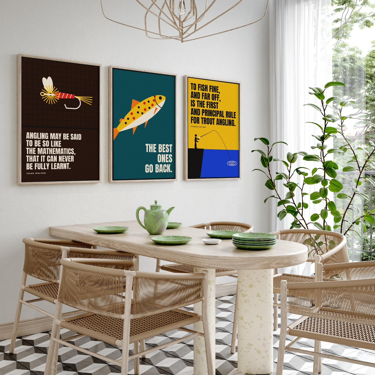 Fly Fishing Quotes Set of Three Art Prints - 3 Retro Bauhaus Angler Posters - Minimalist Outdoor Wall Art Illustration V2