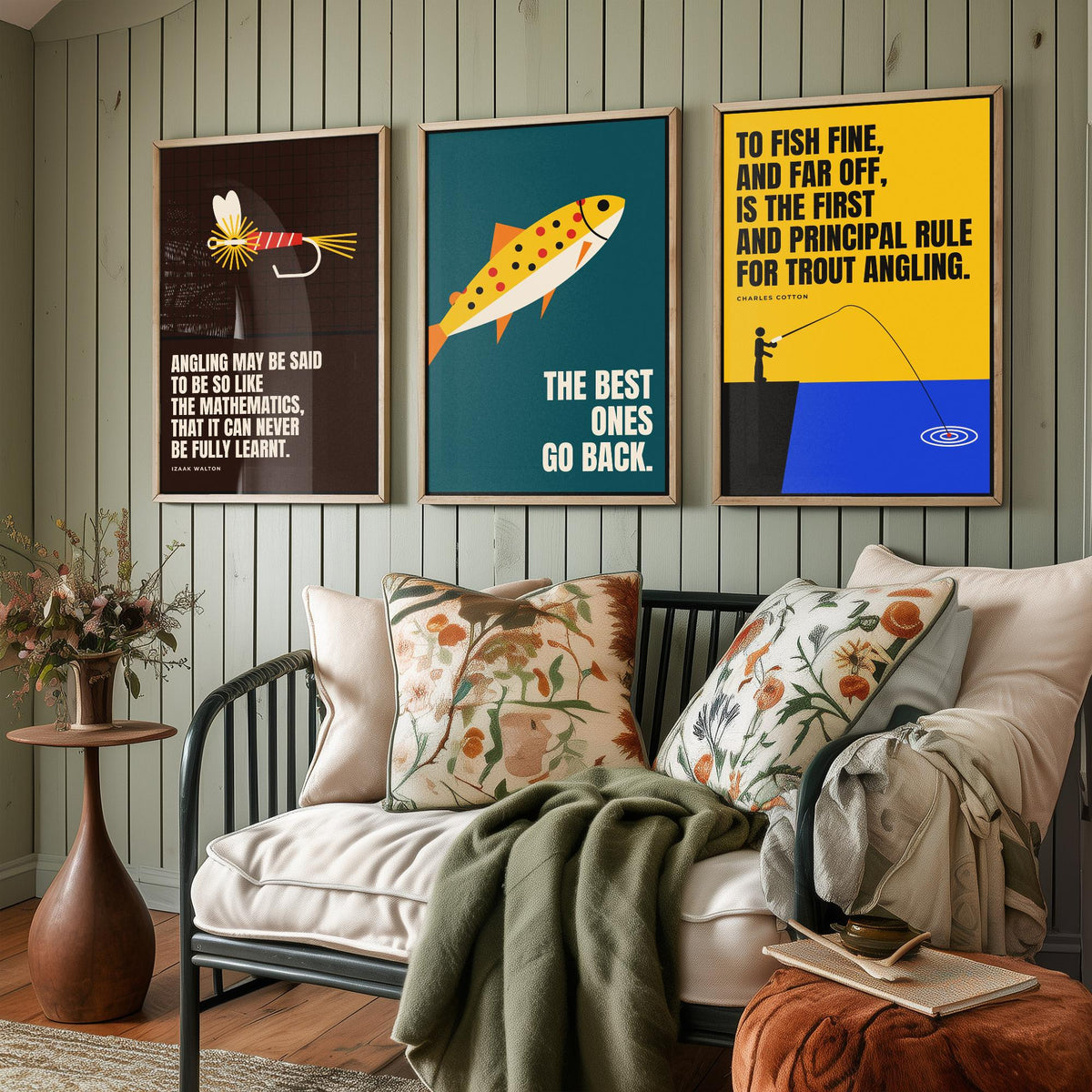 Fly Fishing Quotes Set of Three Art Prints - 3 Retro Bauhaus Angler Posters - Minimalist Outdoor Wall Art Illustration V2