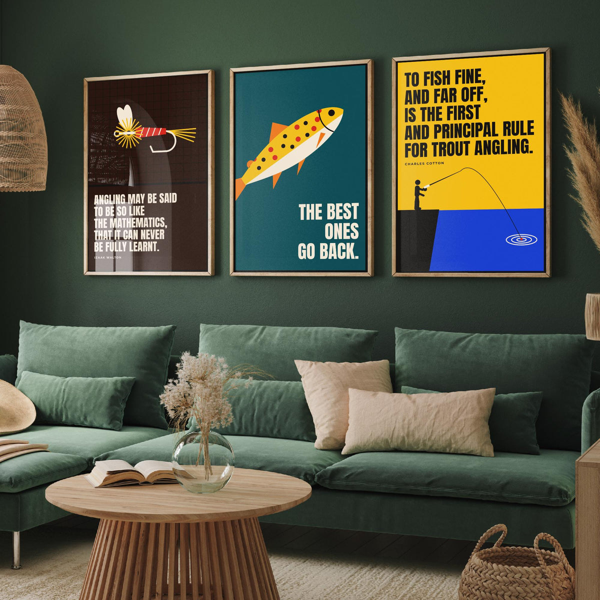 Fly Fishing Quotes Set of Three Art Prints - 3 Retro Bauhaus Angler Posters - Minimalist Outdoor Wall Art Illustration V2