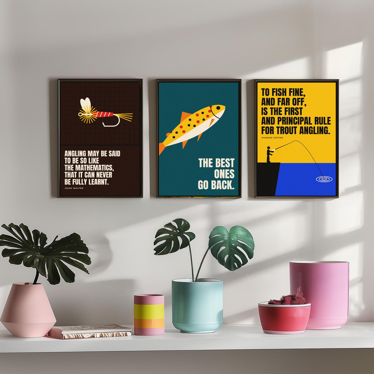 Fly Fishing Quotes Set of Three Art Prints - 3 Retro Bauhaus Angler Posters - Minimalist Outdoor Wall Art Illustration V2