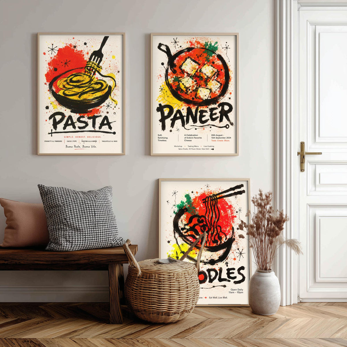 Kitchen Set of Three Art Prints - 3 Pasta Paneer Noodles Posters - Bold Ink Splatter Wall Art Gift Illustration Foodie Restaurant
