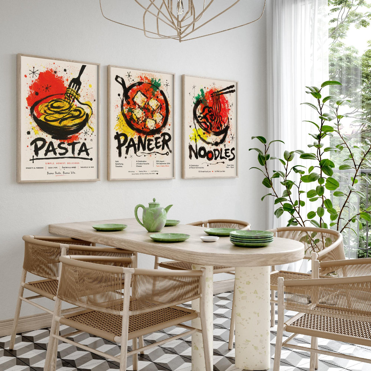Kitchen Set of Three Art Prints - 3 Pasta Paneer Noodles Posters - Bold Ink Splatter Wall Art Gift Illustration Foodie Restaurant