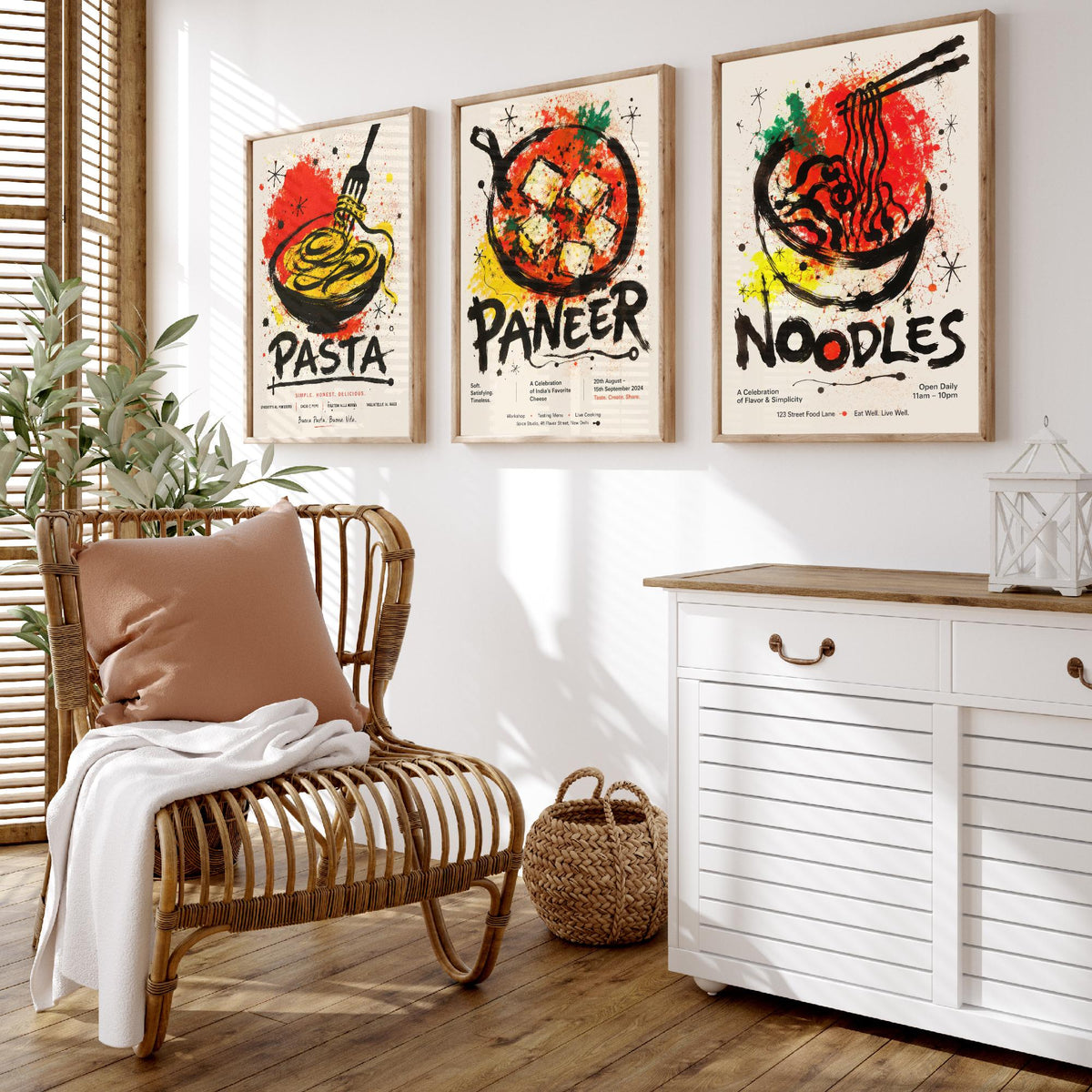 Kitchen Set of Three Art Prints - 3 Pasta Paneer Noodles Posters - Bold Ink Splatter Wall Art Gift Illustration Foodie Restaurant