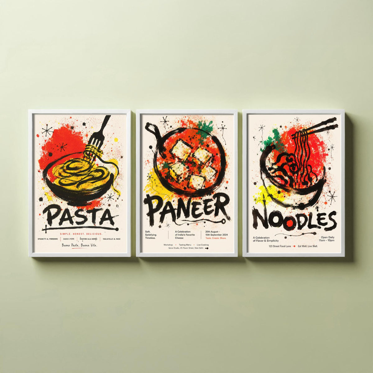 Kitchen Set of Three Art Prints - 3 Pasta Paneer Noodles Posters - Bold Ink Splatter Wall Art Gift Illustration Foodie Restaurant