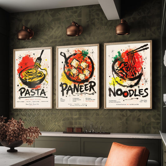 Kitchen Set of Three Art Prints - 3 Pasta Paneer Noodles Posters - Bold Ink Splatter Wall Art Gift Illustration Foodie Restaurant