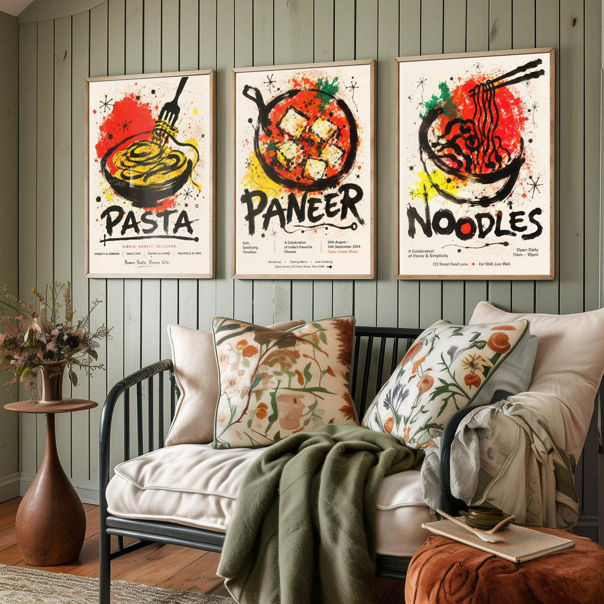 Kitchen Set of Three Art Prints - 3 Pasta Paneer Noodles Posters - Bold Ink Splatter Wall Art Gift Illustration Foodie Restaurant