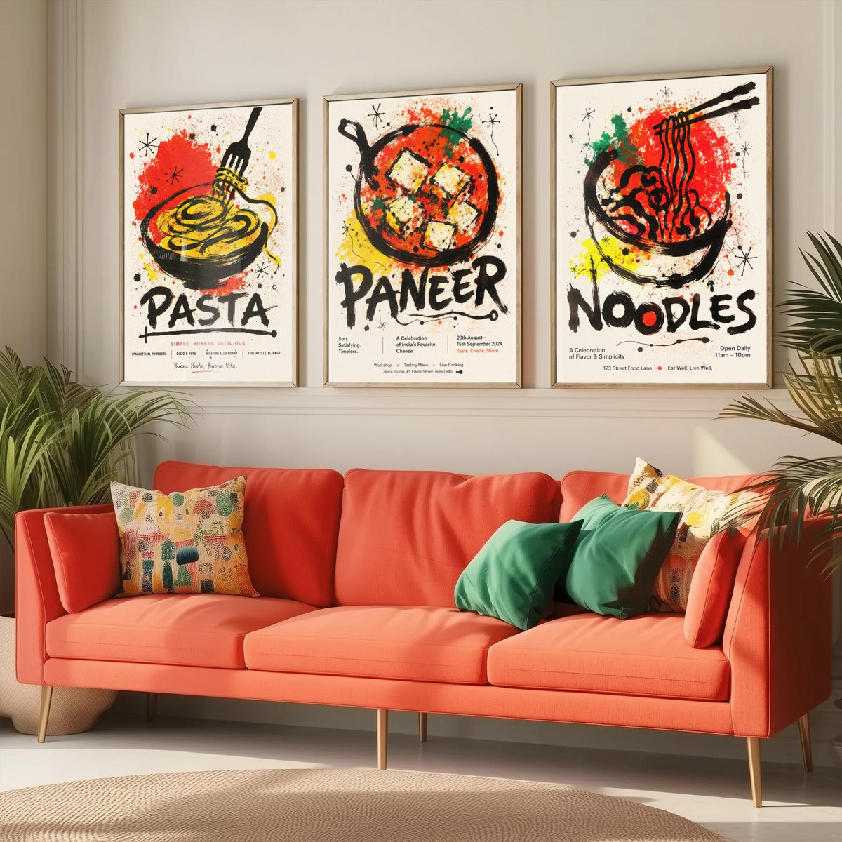 Kitchen Set of Three Art Prints - 3 Pasta Paneer Noodles Posters - Bold Ink Splatter Wall Art Gift Illustration Foodie Restaurant
