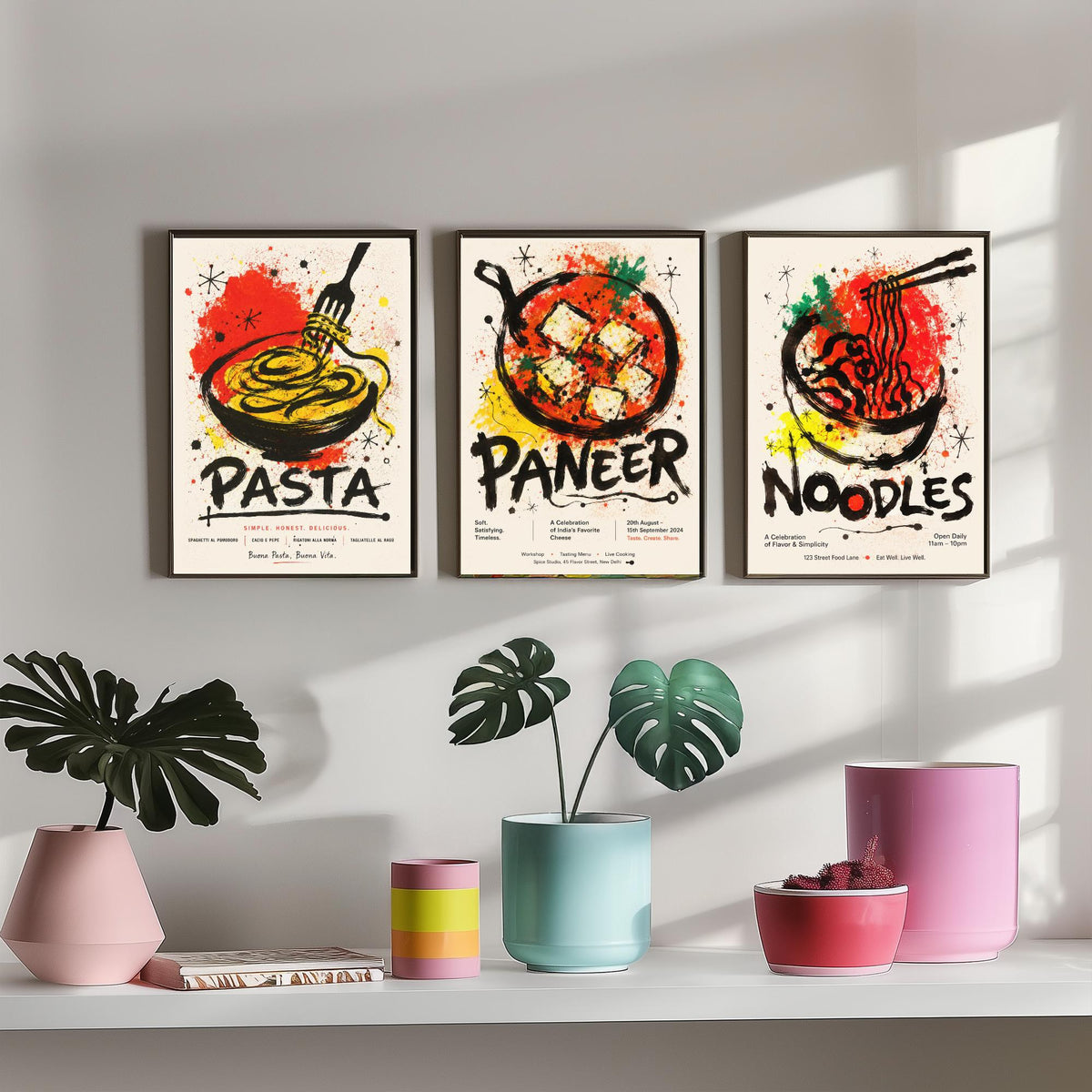 Kitchen Set of Three Art Prints - 3 Pasta Paneer Noodles Posters - Bold Ink Splatter Wall Art Gift Illustration Foodie Restaurant