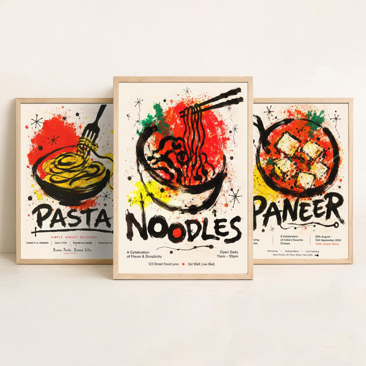 Kitchen Set of Three Art Prints - 3 Pasta Paneer Noodles Posters - Bold Ink Splatter Wall Art Gift Illustration Foodie Restaurant