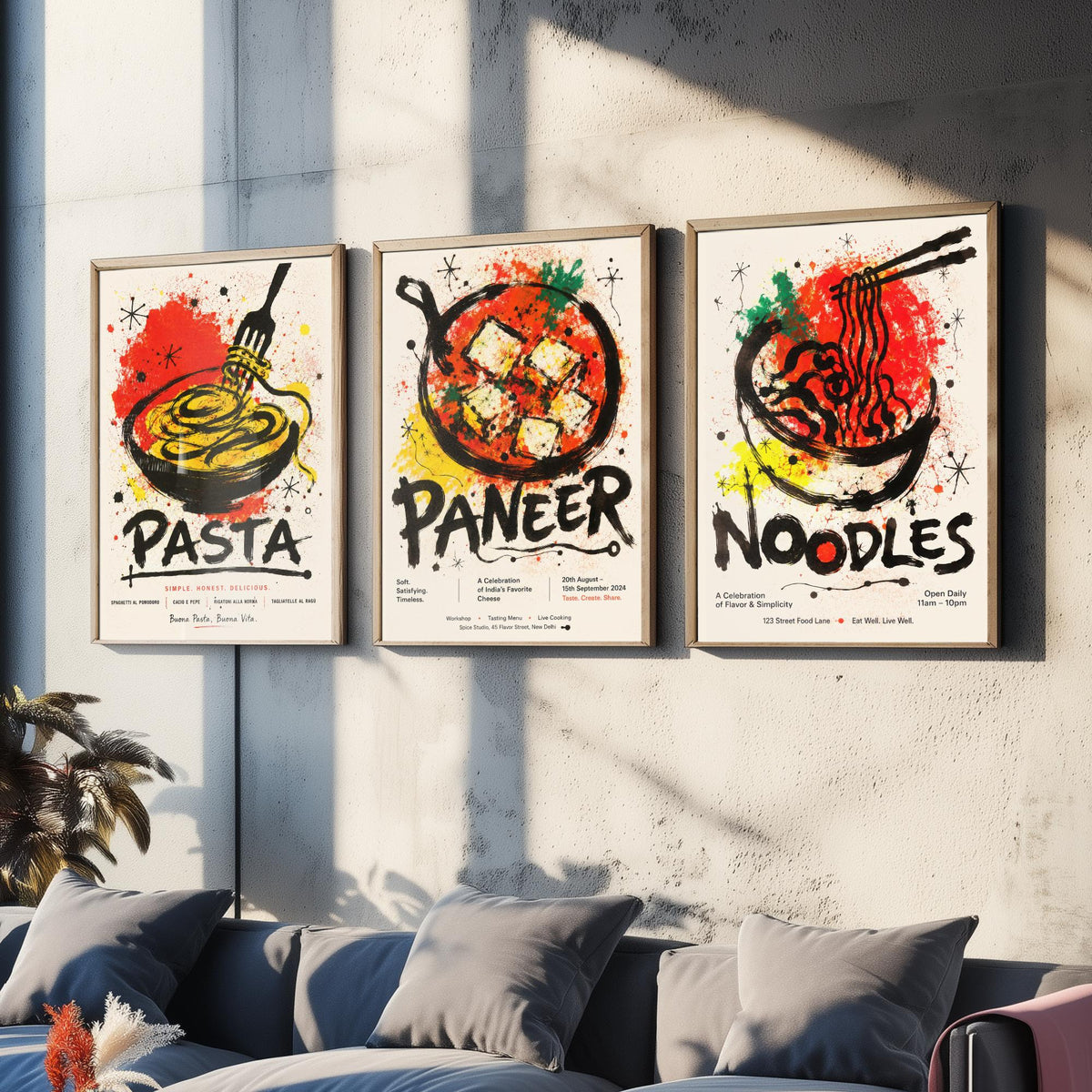 Kitchen Set of Three Art Prints - 3 Pasta Paneer Noodles Posters - Bold Ink Splatter Wall Art Gift Illustration Foodie Restaurant