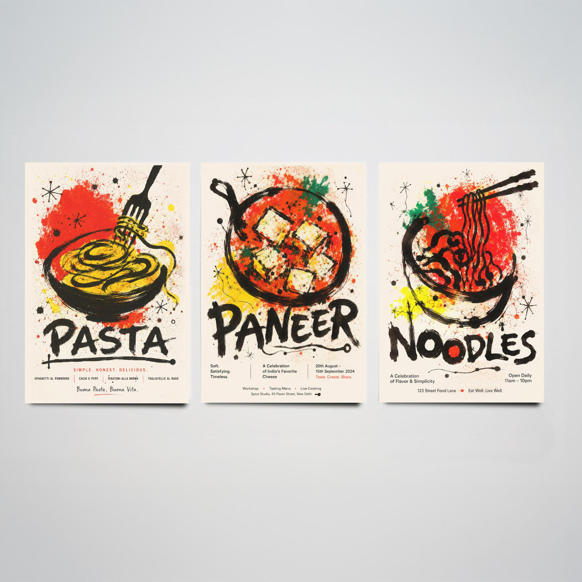 Kitchen Set of Three Art Prints - 3 Pasta Paneer Noodles Posters - Bold Ink Splatter Wall Art Gift Illustration Foodie Restaurant