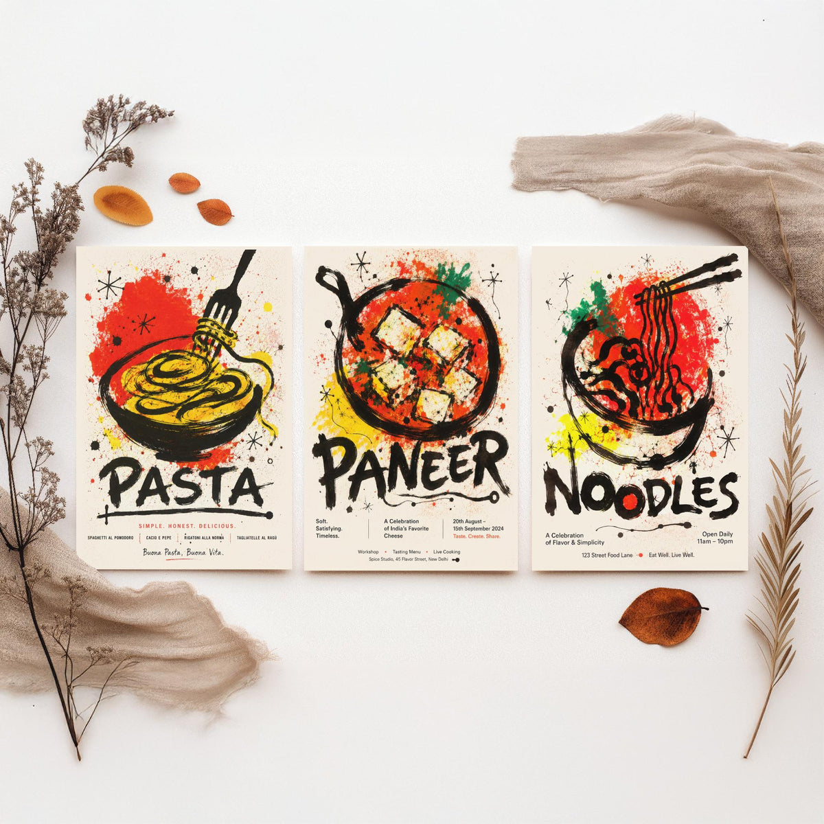 Kitchen Set of Three Art Prints - 3 Pasta Paneer Noodles Posters - Bold Ink Splatter Wall Art Gift Illustration Foodie Restaurant