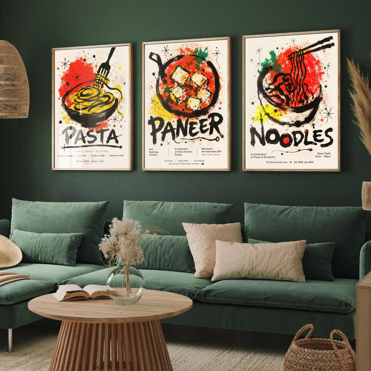 Kitchen Set of Three Art Prints - 3 Pasta Paneer Noodles Posters - Bold Ink Splatter Wall Art Gift Illustration Foodie Restaurant
