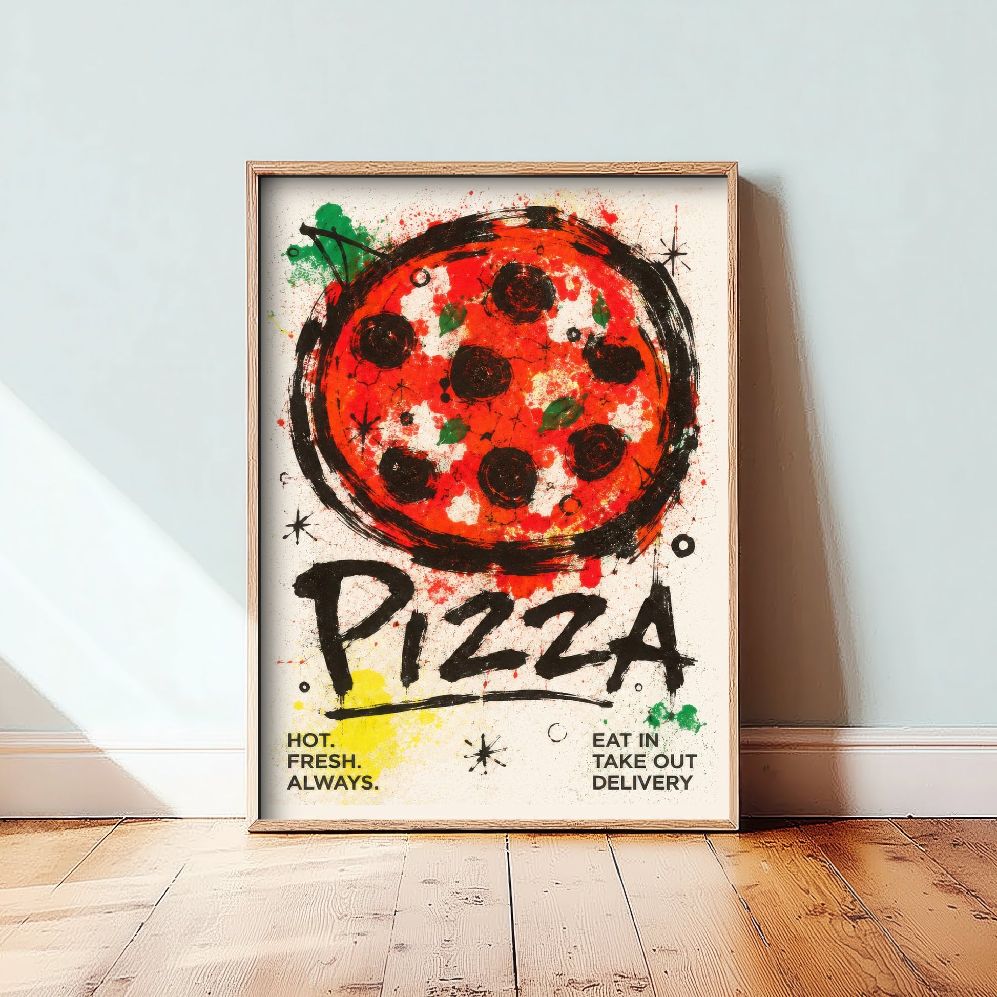 Pizza Art Print - Ink Splatter Painting Poster - Italian Food Kitchen Art - Pizza Lover Wall Decor 1/3