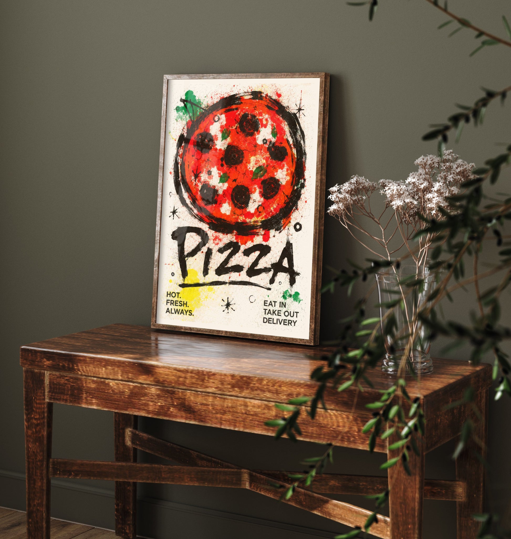 Pizza Art Print - Ink Splatter Painting Poster - Italian Food Kitchen Art - Pizza Lover Wall Decor 1/3