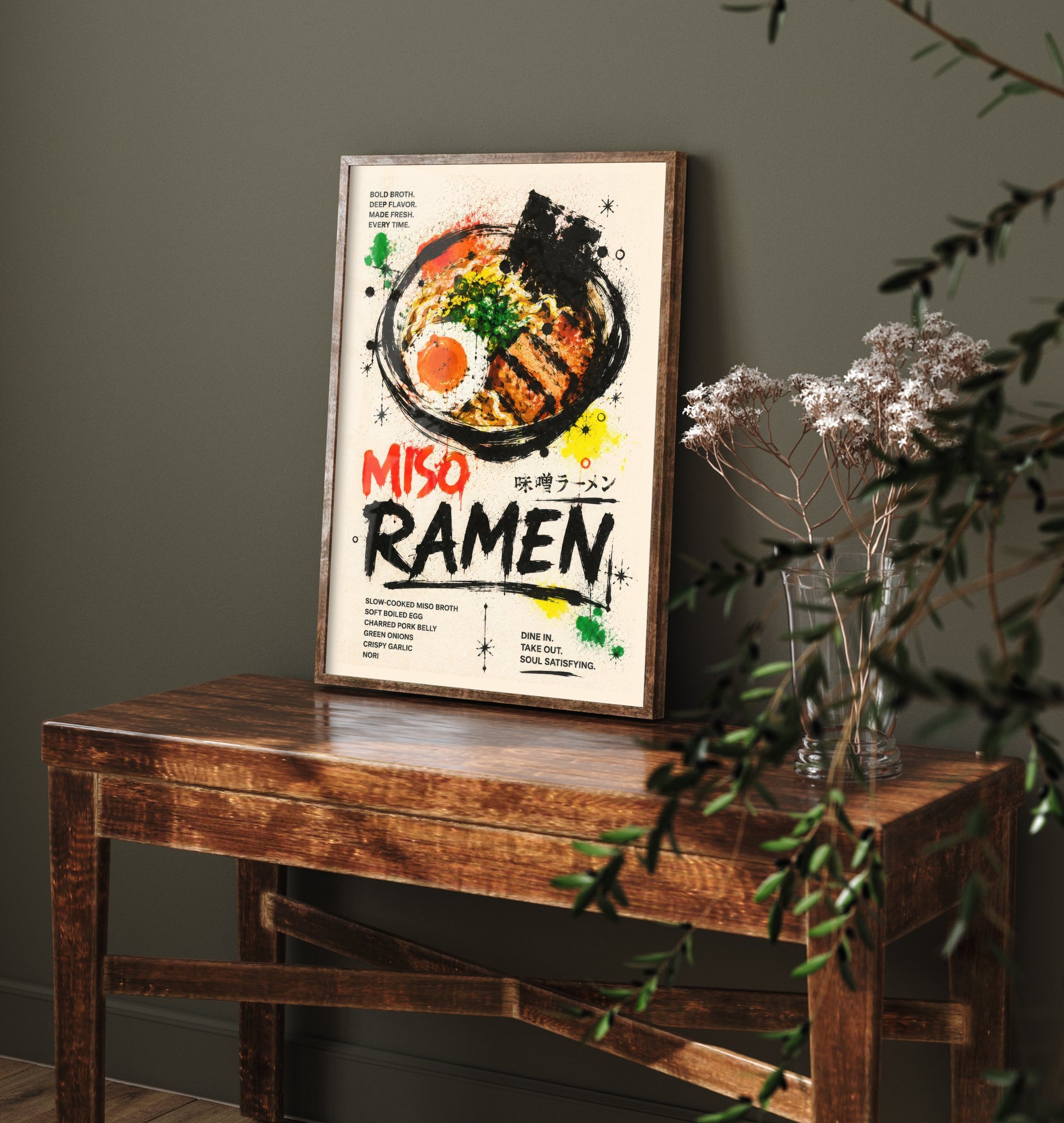 Miso Ramen Art Print - Ink Splatter Painting Poster - Japanese Food Kitchen Art - Ramen Lover Wall Decor 2/3