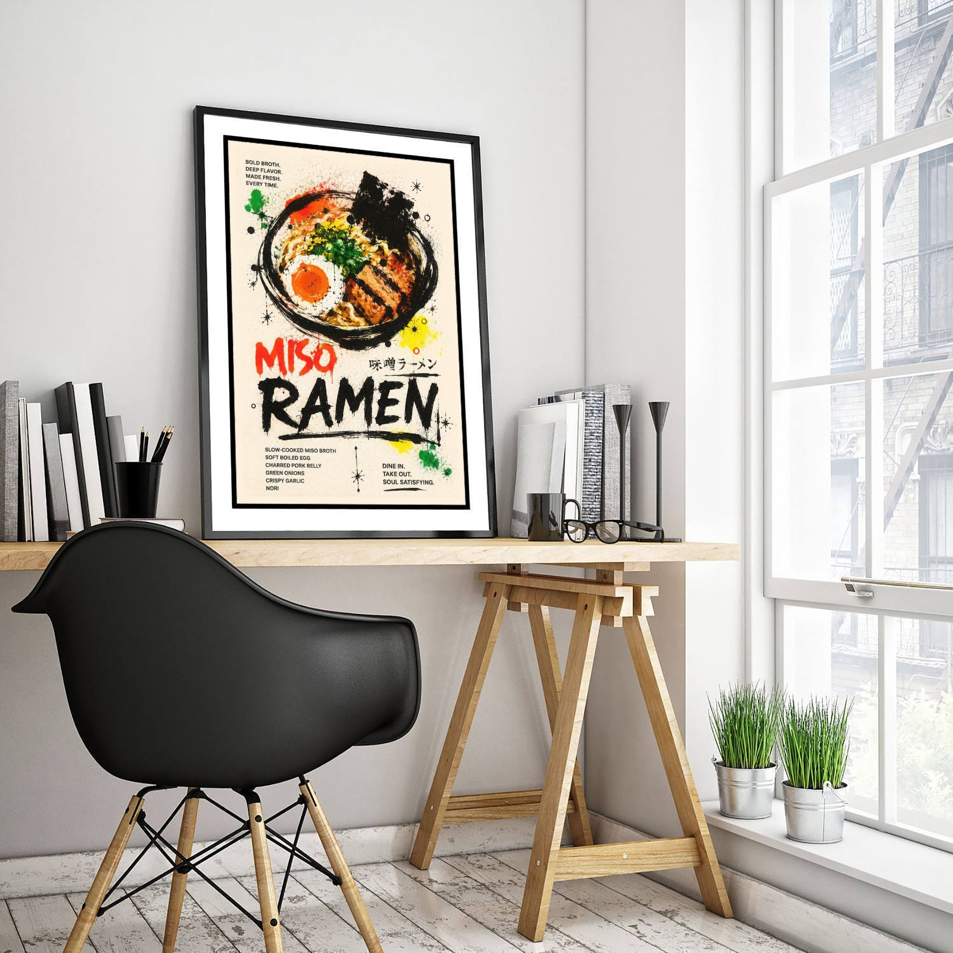 Miso Ramen Art Print - Ink Splatter Painting Poster - Japanese Food Kitchen Art - Ramen Lover Wall Decor 2/3