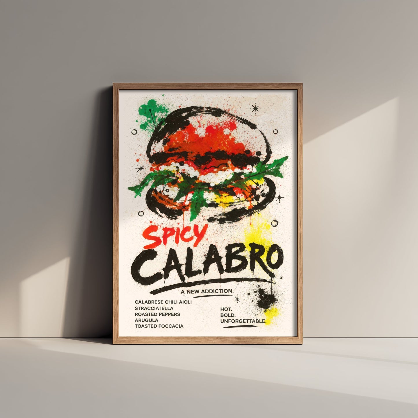Spicy Burger Art Print - Ink Splatter Painting Poster - Gourmet Food Kitchen Art - Burger Lover Wall Decor 3/3