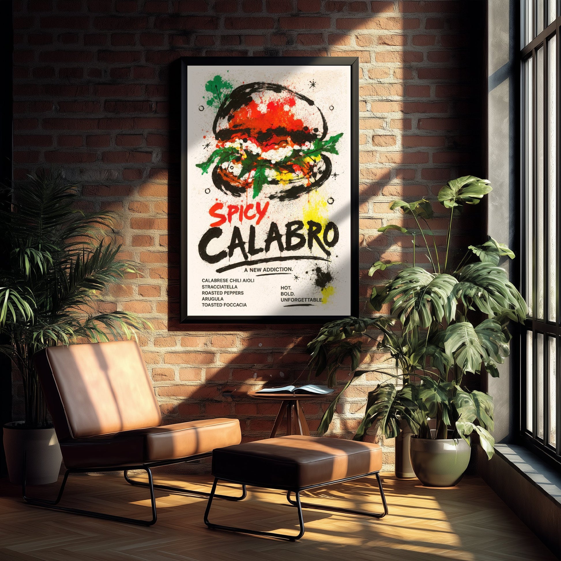 Spicy Burger Art Print - Ink Splatter Painting Poster - Gourmet Food Kitchen Art - Burger Lover Wall Decor 3/3