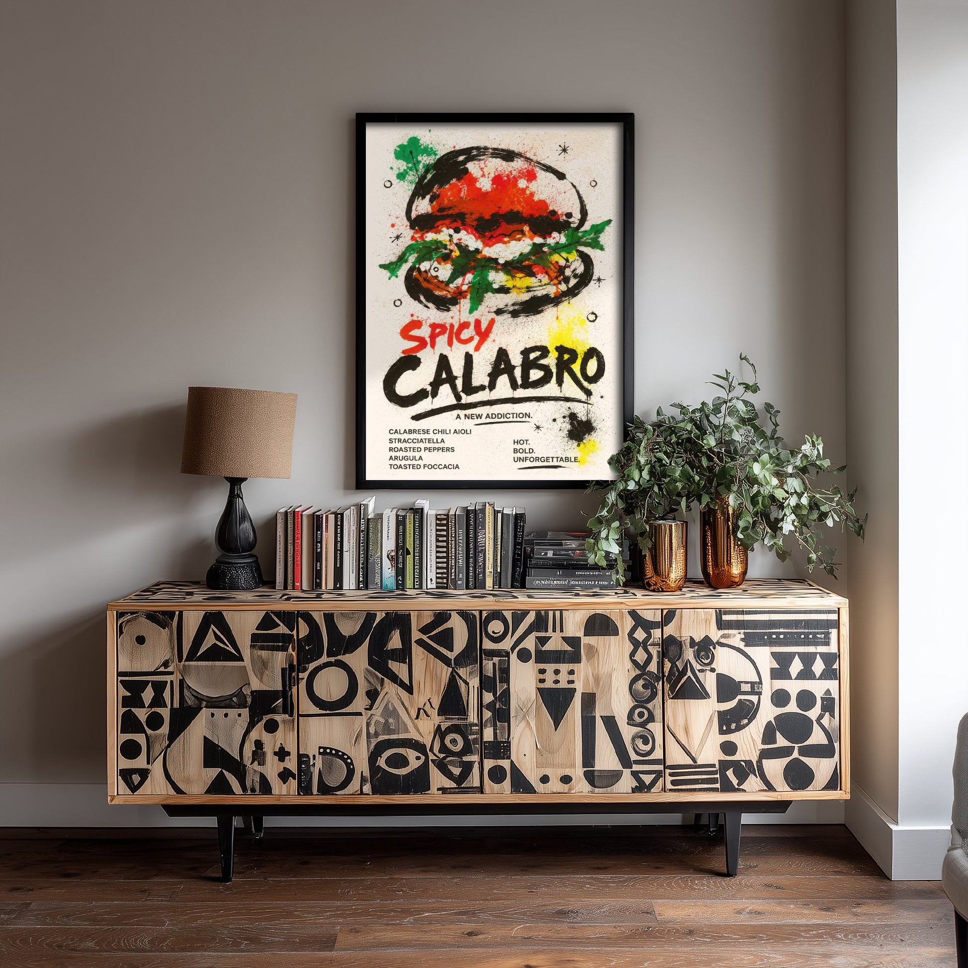 Spicy Burger Art Print - Ink Splatter Painting Poster - Gourmet Food Kitchen Art - Burger Lover Wall Decor 3/3