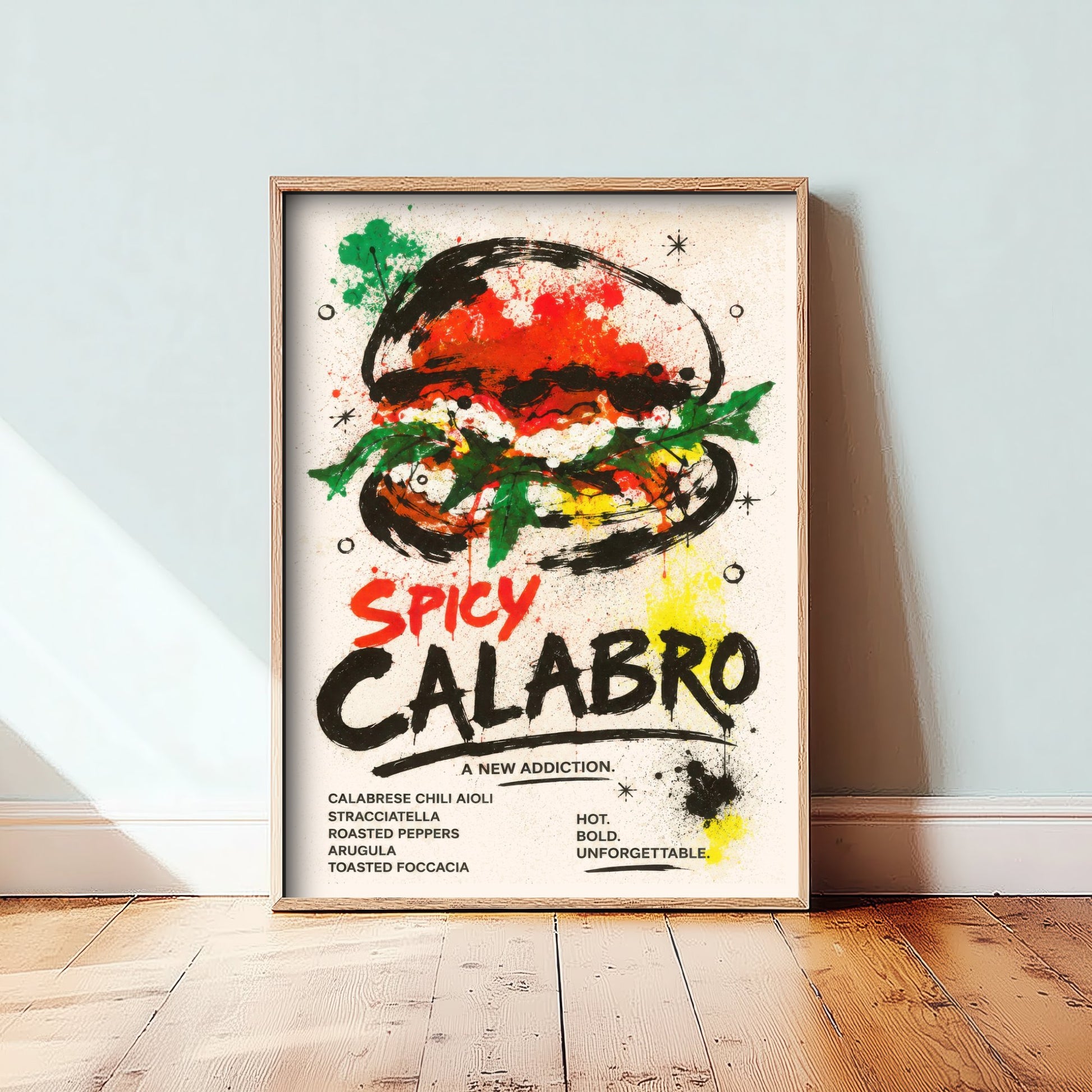 Spicy Burger Art Print - Ink Splatter Painting Poster - Gourmet Food Kitchen Art - Burger Lover Wall Decor 3/3
