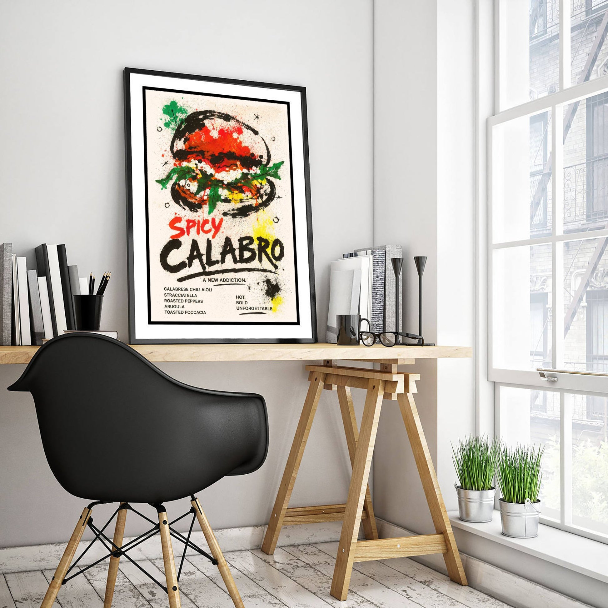 Spicy Burger Art Print - Ink Splatter Painting Poster - Gourmet Food Kitchen Art - Burger Lover Wall Decor 3/3