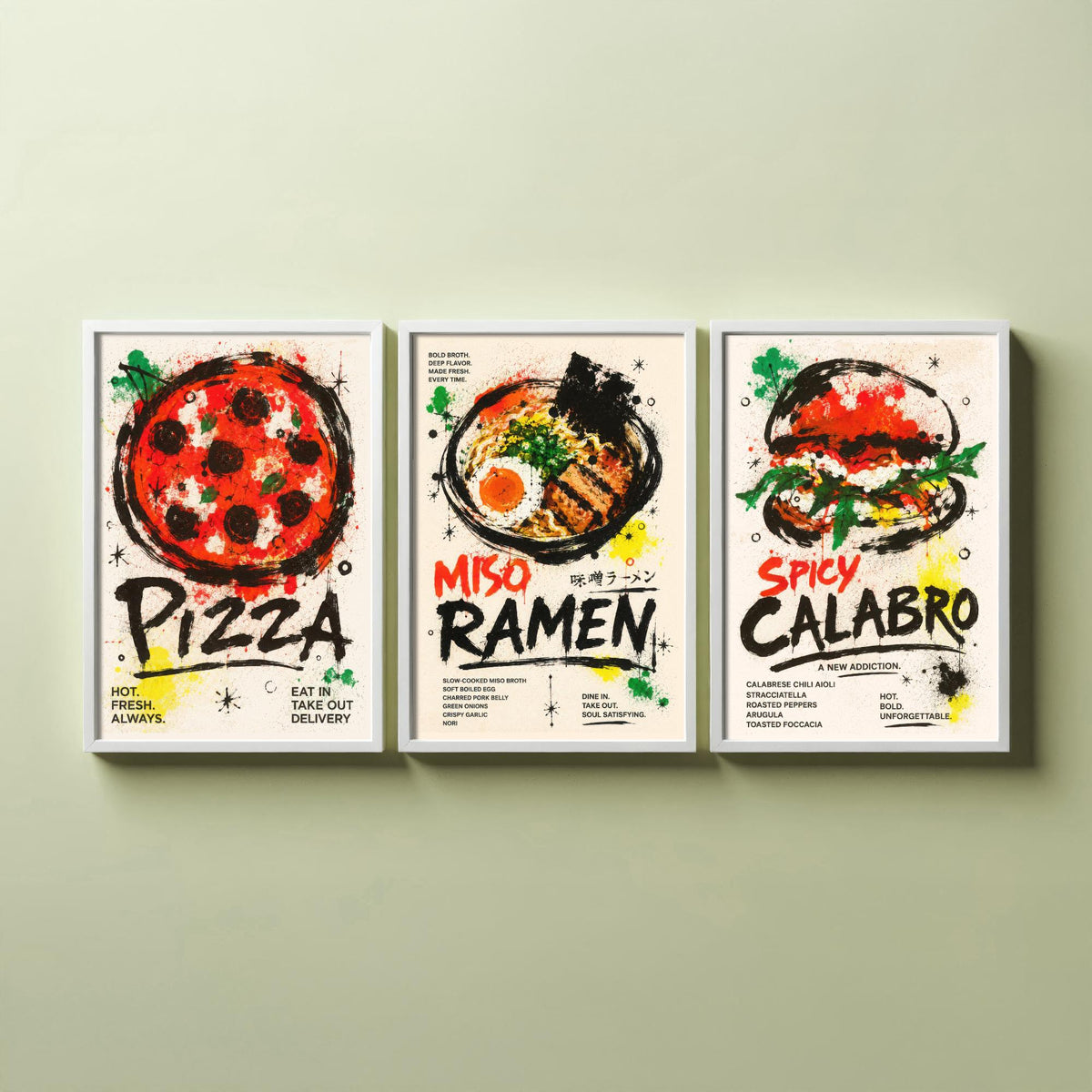 Foodie Kitchen Set of Three Art Prints - 3 Pizza Ramen Burger Posters - Modern Ink Splatter Wall Art Gift Illustration Diner