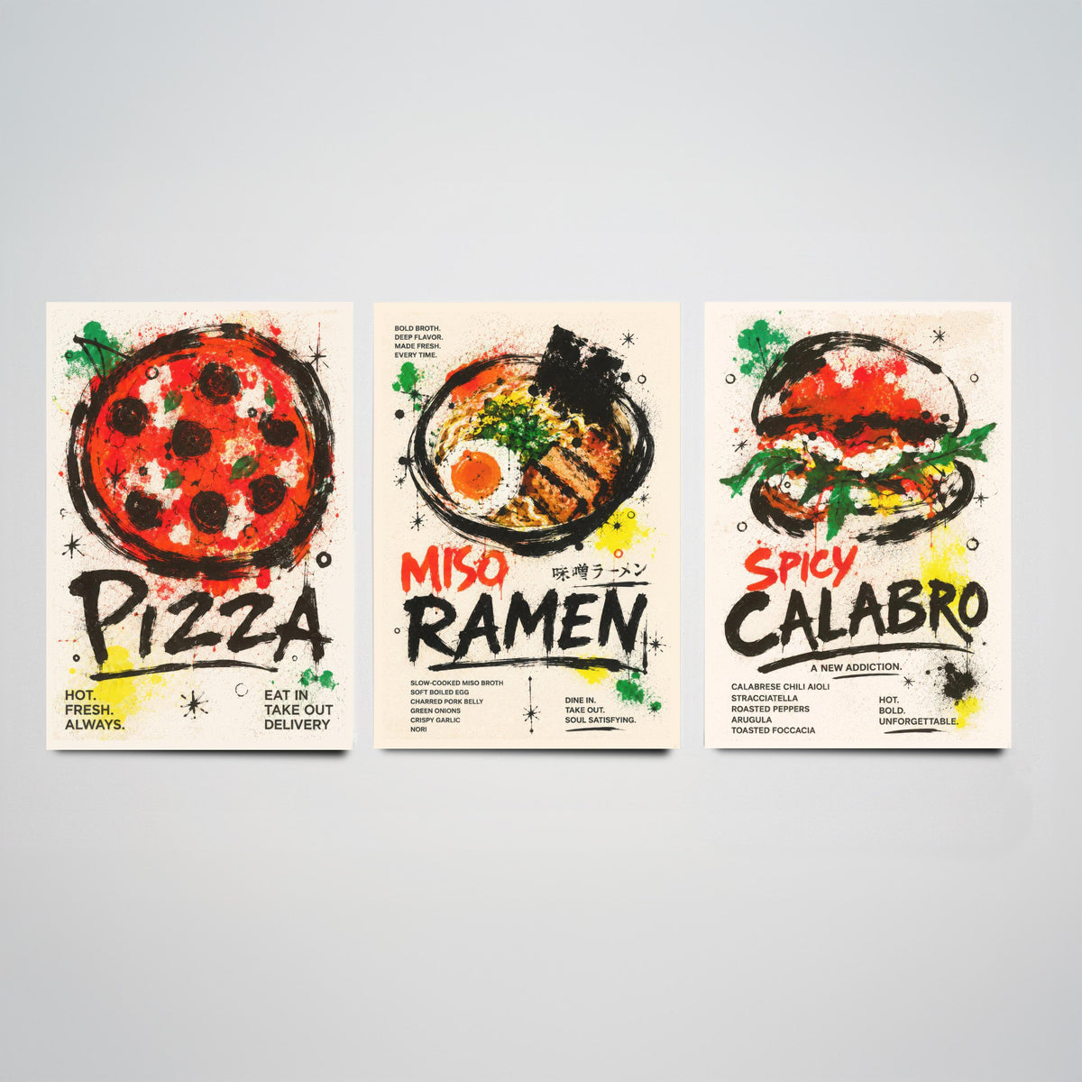 Foodie Kitchen Set of Three Art Prints - 3 Pizza Ramen Burger Posters - Modern Ink Splatter Wall Art Gift Illustration Diner