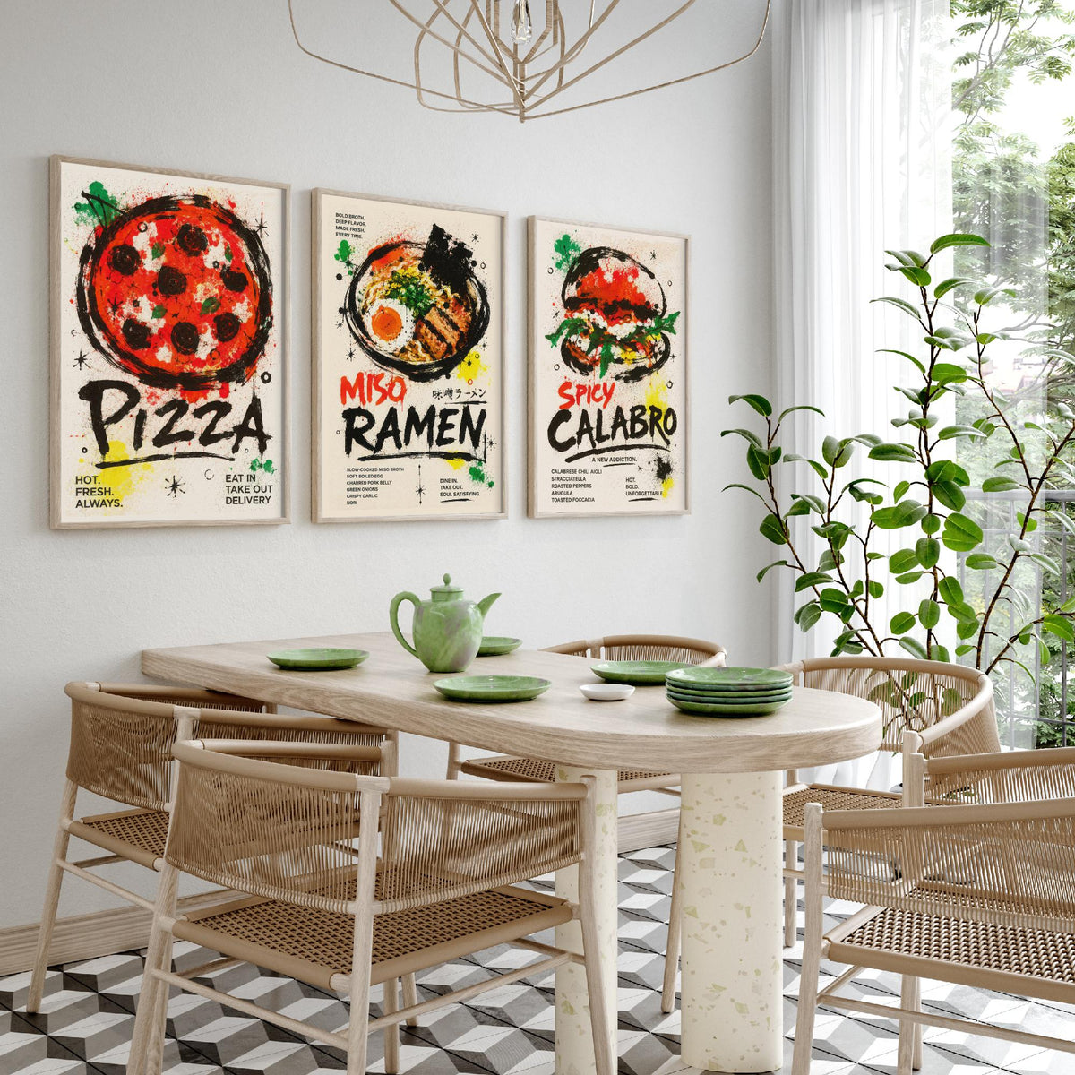 Foodie Kitchen Set of Three Art Prints - 3 Pizza Ramen Burger Posters - Modern Ink Splatter Wall Art Gift Illustration Diner