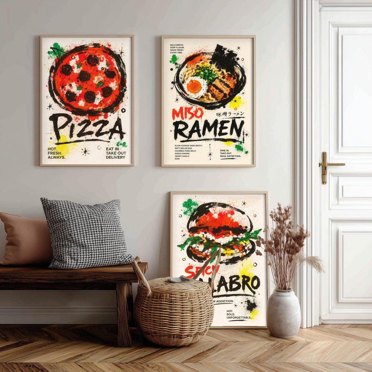 Foodie Kitchen Set of Three Art Prints - 3 Pizza Ramen Burger Posters - Modern Ink Splatter Wall Art Gift Illustration Diner