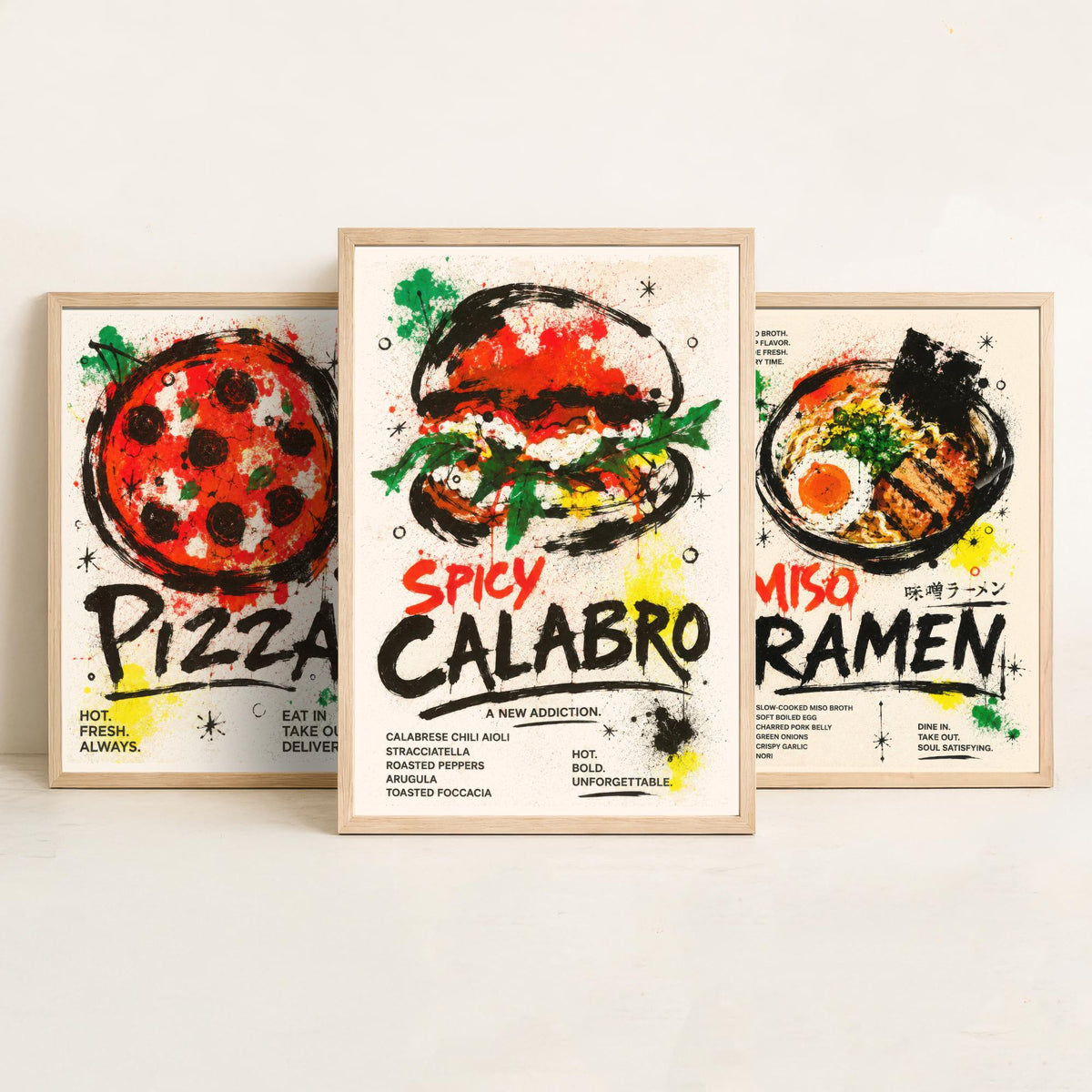 Foodie Kitchen Set of Three Art Prints - 3 Pizza Ramen Burger Posters - Modern Ink Splatter Wall Art Gift Illustration Diner