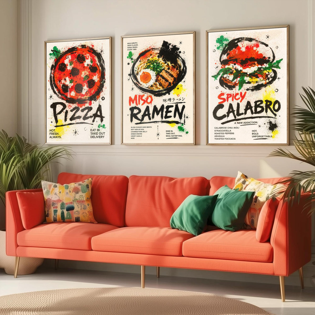 Foodie Kitchen Set of Three Art Prints - 3 Pizza Ramen Burger Posters - Modern Ink Splatter Wall Art Gift Illustration Diner