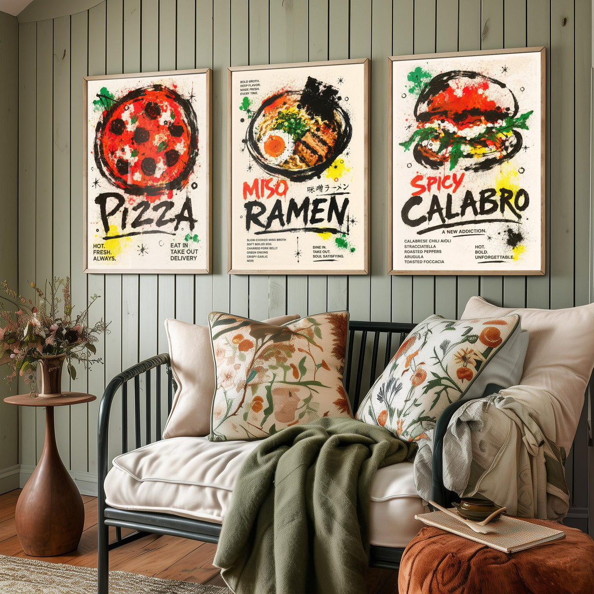 Foodie Kitchen Set of Three Art Prints - 3 Pizza Ramen Burger Posters - Modern Ink Splatter Wall Art Gift Illustration Diner
