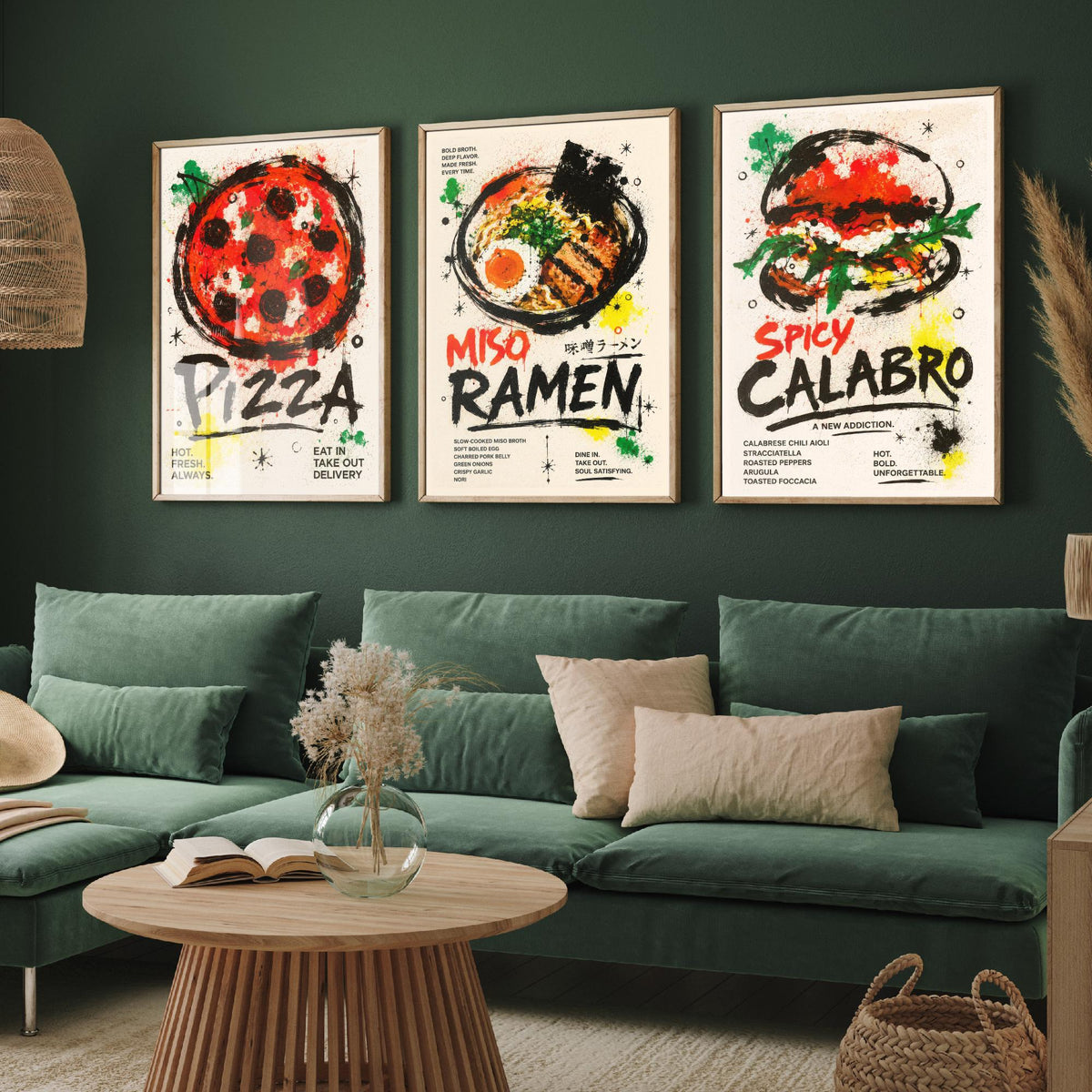 Foodie Kitchen Set of Three Art Prints - 3 Pizza Ramen Burger Posters - Modern Ink Splatter Wall Art Gift Illustration Diner