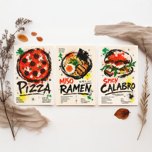 Foodie Kitchen Set of Three Art Prints - 3 Pizza Ramen Burger Posters - Modern Ink Splatter Wall Art Gift Illustration Diner
